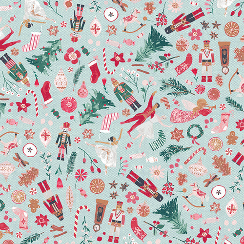 Quilting cotton with a Christmas print including nutcrackers, trees, gingerbread men and candy canes