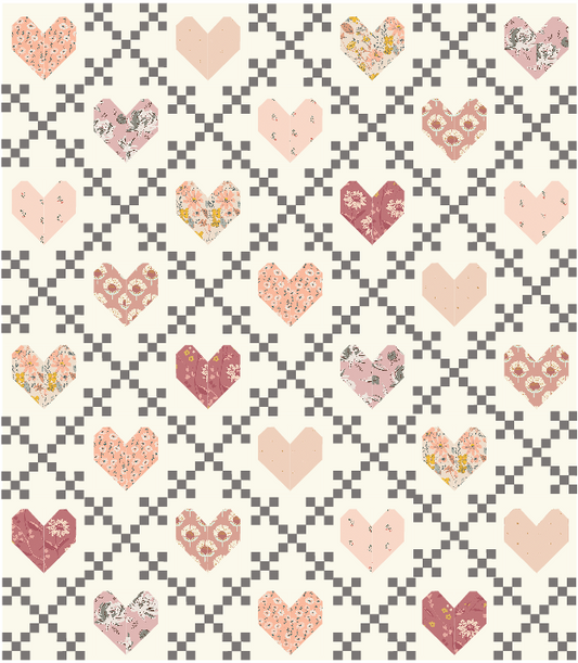 Quilt kit curated by Dolly Lou fabrics. Pattern is Heirloom Hearts by Lo and Behold Stitchery
