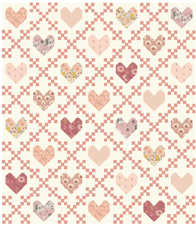 Quilt kit curated by Dolly Lou fabrics. Pattern is Heirloom Hearts by Lo and Behold Stitchery