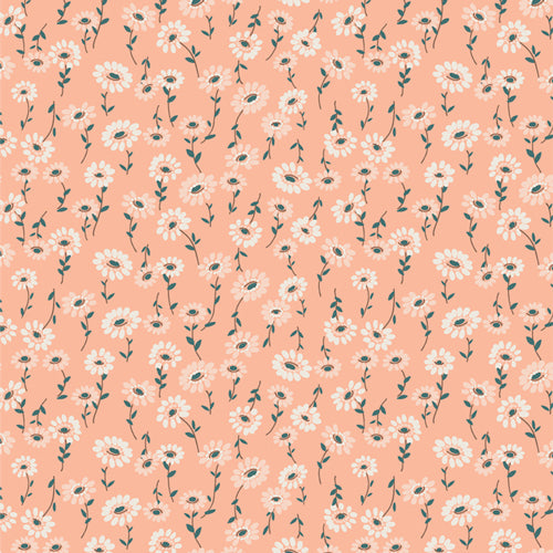 Fabric sold by Dolly Lou Fabrics used for quilting, cotton. Patterned with flowers in pink and white