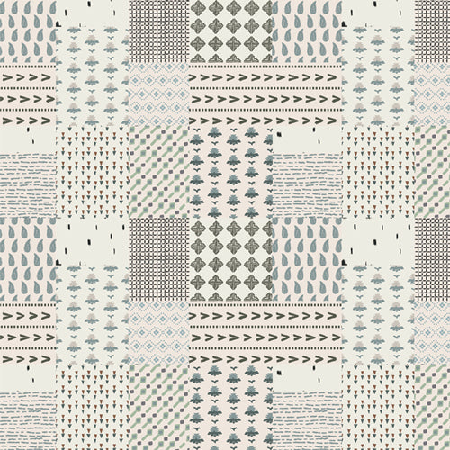 Fabric sold by Dolly Lou Fabrics used for quilting, cotton. Patterned in a patchwork fashion
