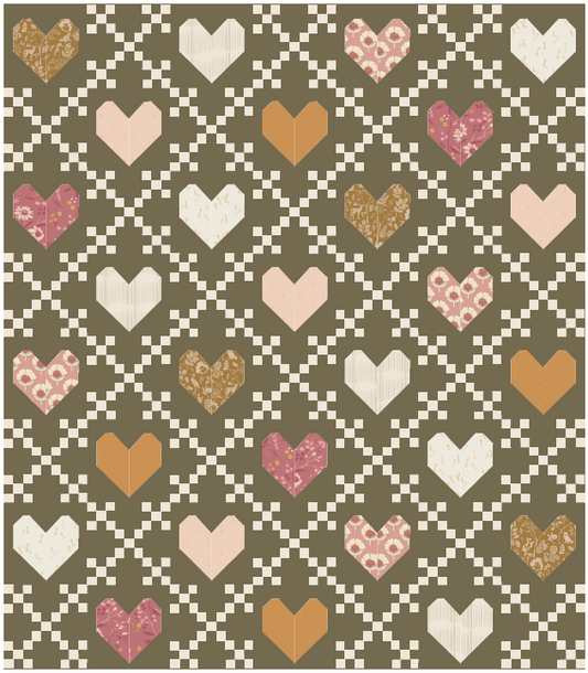 Curated quilt kit by Dolly Lou Fabrics for the pattern Heirloom Hearts