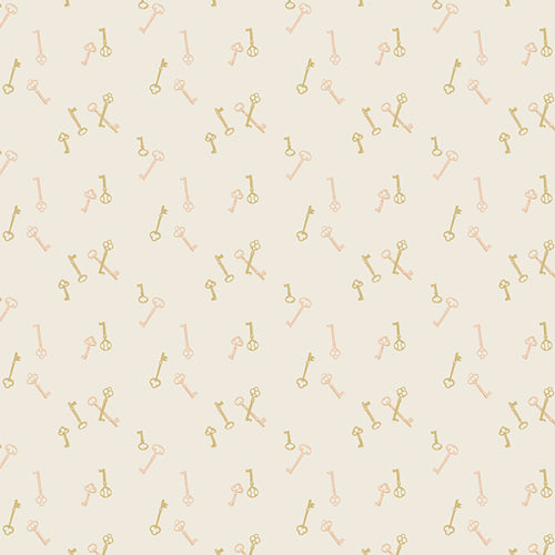 Cotton fabric sold by Dolly Lou Fabrics. Patterned with keys in gold and pink.