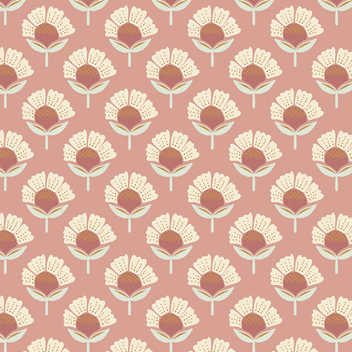 Fabric used for quilting cotton, patterned with flowers in pink and cream. Sold by Dolly Lou Fabrics.