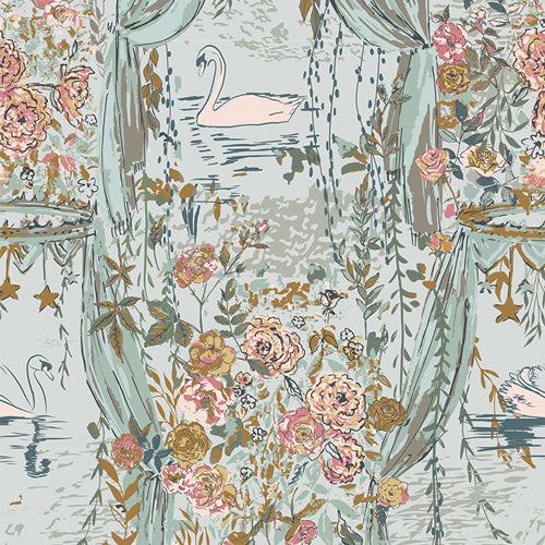 Cotton fabric used for quilting with swans and flowers. Sold by Dolly Lou Fabrics
