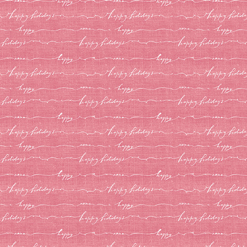 Quilting cotton with Happy Holidays written on it in a pink background
