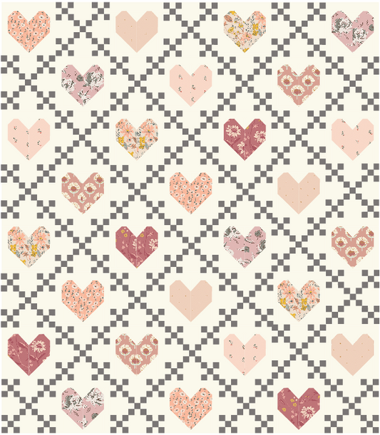 Quilt kit curated by Dolly Lou fabrics. Pattern is Heirloom Hearts by Lo and Behold Stitchery 