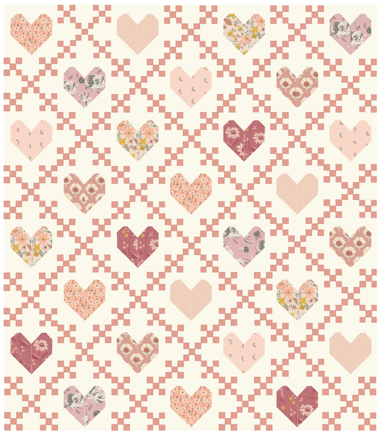 Quilt kit curated by Dolly Lou fabrics. Pattern is Heirloom Hearts by Lo and Behold Stitchery 