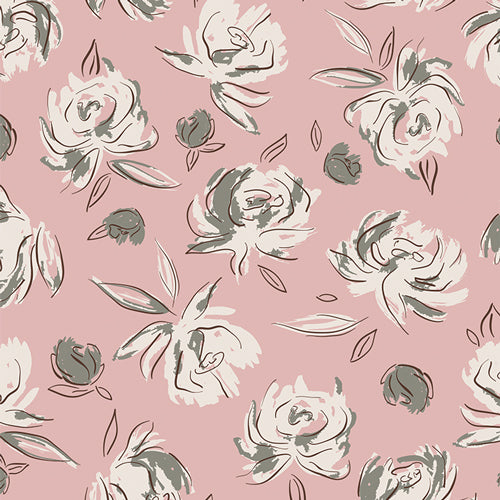 Floral fabric in pink and green, sold by Dolly Lou Fabrics. All is Well Bed of Roses Mauve