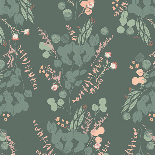 Floral fabric in tones of green and pink, sold by Dolly Lou Fabrics. All is Well - Blooms & Stems