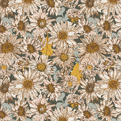 A bold floral daisy pattern in green and yellow, sold by Dolly Lou Fabrics