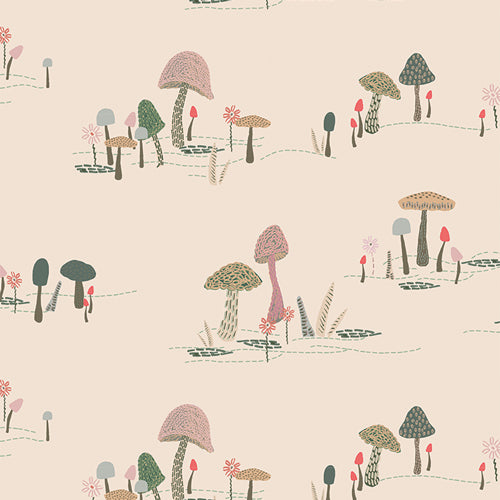 Such a cute fabric! Patterned with groupings of mushrooms in muted colors. Sold here at Dolly Lou Fabrics. All is Well - Forest Stroll