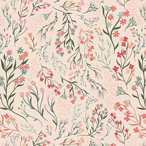 A cute floral fabric patterned in muted pinks and greens. Sold by Dolly Lou Fabrics. All is Well - Hillside Meadow Wind