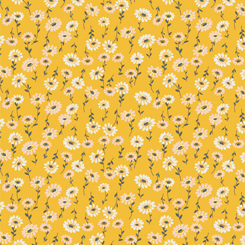 Fabric used for quilting sold by Dolly Lou Fabrics. Patterned with flowers in yellow and pink