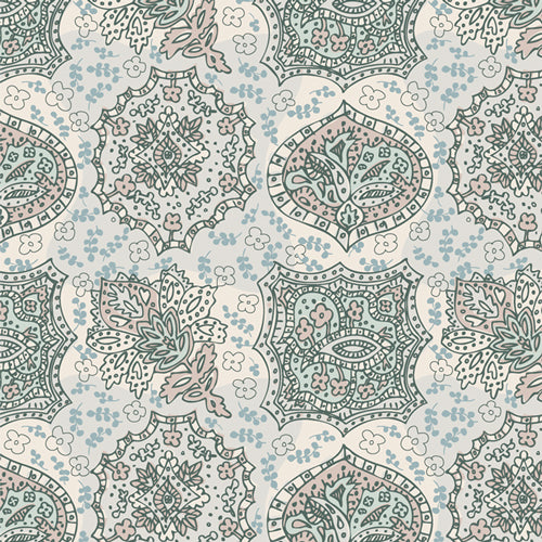 Fabric used for quilting sold by Dolly Lou Fabrics. Patterned in a paisley pattern with blue and pink