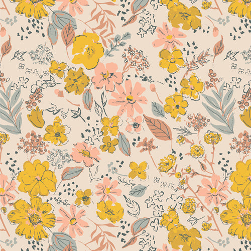 Fabric used for quilting, sold by Dolly Lou Fabrics. Patterned with flowers in pink and yellow. 