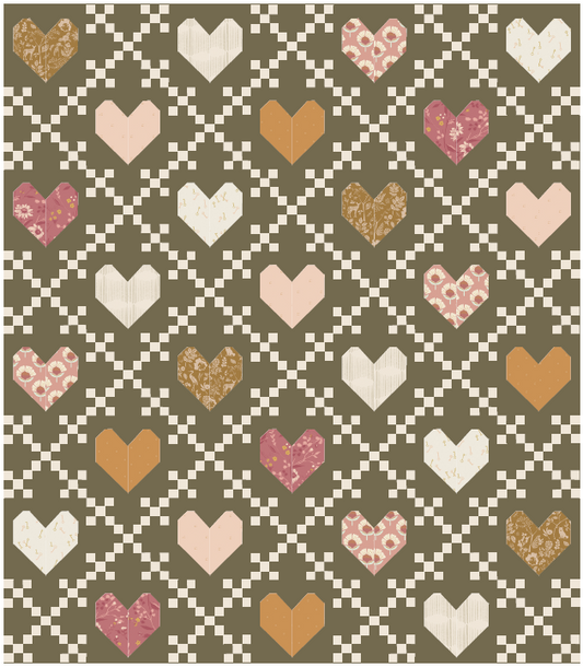Curated quilt kit by Dolly Lou Fabrics for the pattern Heirloom Hearts 