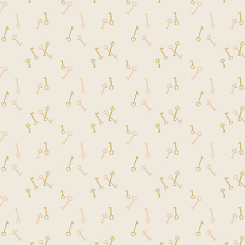 Cotton fabric sold by Dolly Lou Fabrics. Patterned with keys in gold and pink. 