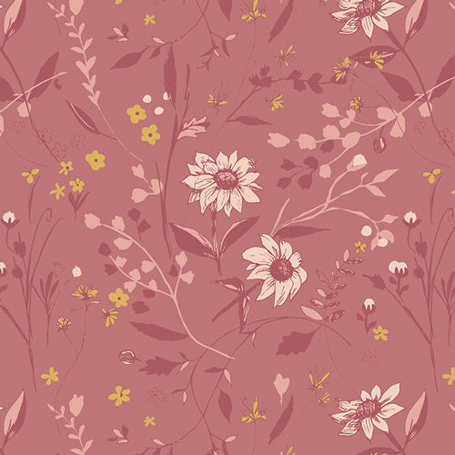 Fabric used for quilting sold by Dolly Lou Fabrics. Patterned with flowers in pink and yellow. 