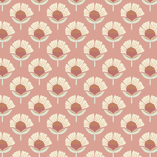 Fabric used for quilting cotton, patterned with flowers in pink and cream. Sold by Dolly Lou Fabrics.