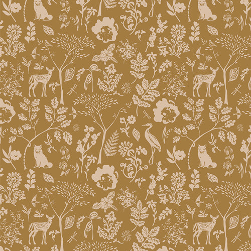 Fabric used for quilting, patterned with gold and cream flora and fauna. Sold by Dolly Lou Fabrics.