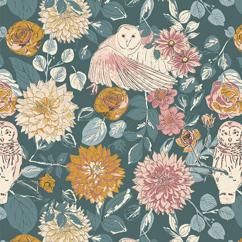 Fabric used for quilting, cotton, with owls and flowers. Sold by Dolly Lou Fabrics