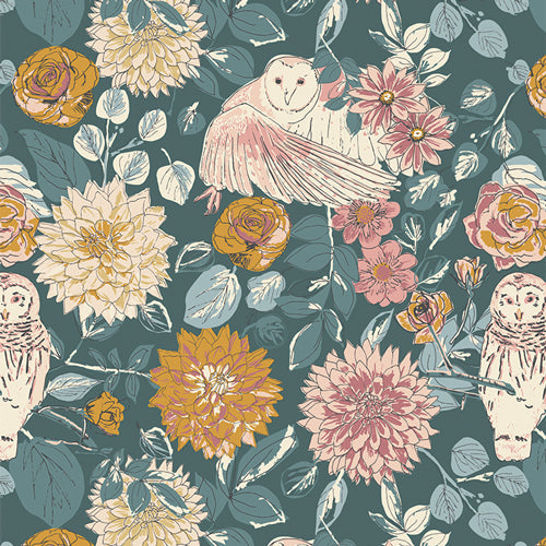 Fabric used for quilting, cotton, with owls and flowers. Sold by Dolly Lou Fabrics 