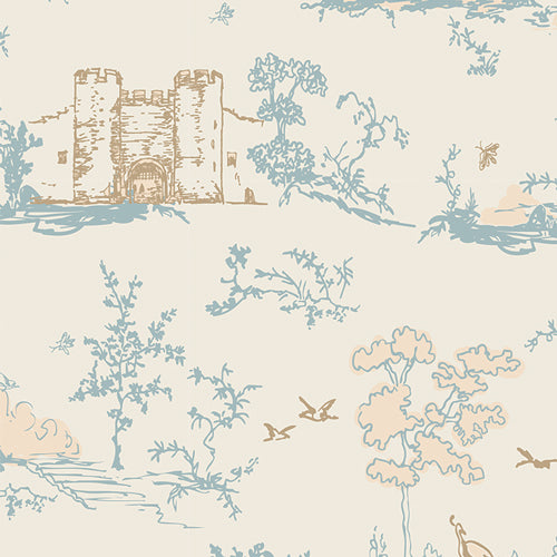 Fabric used for quilting, cotton, with castles trees and birds, sold by Dolly Lou Fabrics